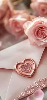 Pink roses and a heart-sealed envelope with gems on a elegant background.