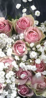 A stunning bouquet of pink roses with white accents on a dark background.