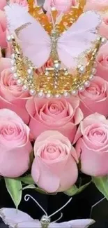 Pink roses with butterfly crown, elegant floral wallpaper.