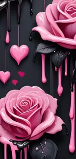 Artistic pink roses with dripping paint on a dark background.