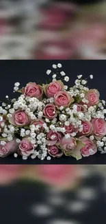 Bouquet of pink roses with white baby's breath on a dark background.