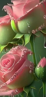 Elegant pink roses with water droplets and green background.