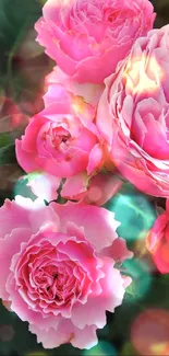 Pink roses with green leaves, perfect for mobile wallpaper.