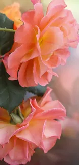 Elegant pink roses with lush green leaves on a soft background.