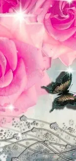 Elegant pink roses and a butterfly on a soft, artistic background.