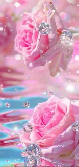 Pink roses and sparkling jewels on a dreamy water surface.