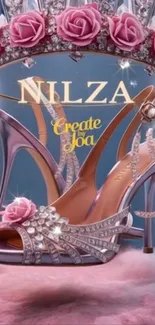 Elegant pink high heels with roses and jewels.