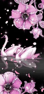 Elegant pink swans and jeweled flowers on a mobile phone wallpaper.