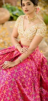 Person wearing elegant pink traditional attire sitting outdoors.