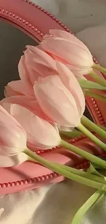 Pink tulips beautifully arranged on a pink border mirror.