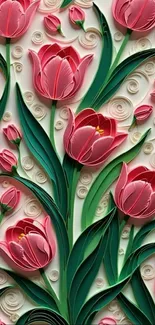 Elegant pink tulips with green leaves in a decorative pattern.