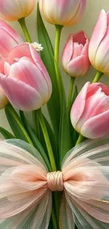 Pink tulips with ribbon mobile wallpaper