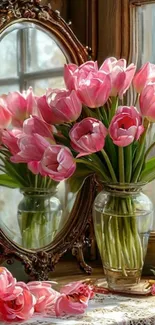 Elegant vase with pink tulips in a mirror reflection.