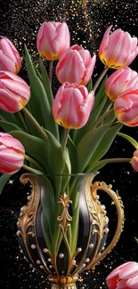 Elegant mobile wallpaper with pink tulips in a black and gold vase.