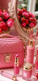 Elegant pink vanity with roses and cosmetics.