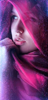 Elegant portrait with vibrant pink veil on mobile wallpaper.