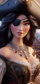 Elegant pirate woman in detailed attire aboard a ship in fantasy art.