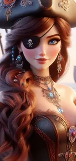 Elegant pirate woman with flowing hair and jewels against a sea backdrop.