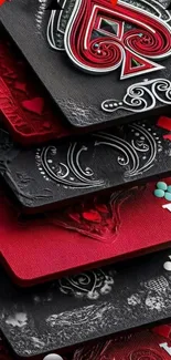 Stack of elegant playing cards in red and black design for mobile wallpaper.