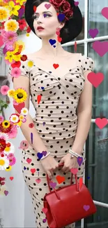 Woman in a beige polka dot dress with red accents and vintage flair.