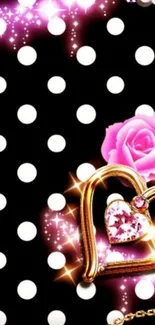 Elegant mobile wallpaper with polka dots, pink roses, and heart jewel.