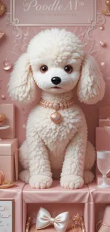 Elegant poodle in a luxurious pink setting with ornate decor.