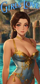 Fantasy art of woman in elegant swimwear near a pool.