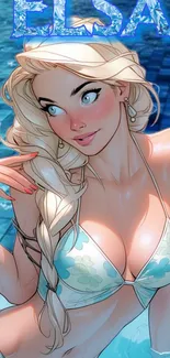 Fantasy art of a blonde woman in a pool with blue water background.