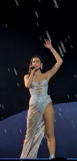 Elegant pop concert scene with performer on stage.