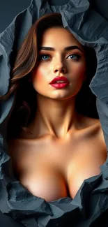 Elegant woman emerging from torn paper.