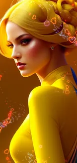 Elegant digital art portrait of a woman in golden yellow hues.