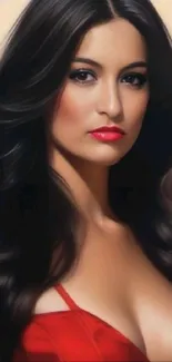 Digital artwork of a woman in a red dress with dark hair.