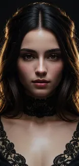Portrait of a woman in black lace against a dark backdrop.