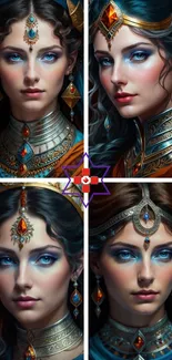 Elegant fantasy portrait with jewelry and vibrant colors.