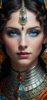 Fantasy character portrait with jewelry and blue eyes mobile wallpaper.