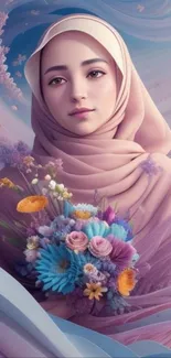 Elegant woman in hijab holding a vibrant bouquet against a pastel background.