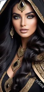 Beautiful woman in golden ornate clothing with striking makeup.