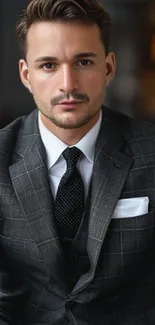 Man in a grey suit and tie, seated indoors, offering a stylish and elegant look.