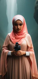 Elegant peach-clothed woman standing in a serene canyon.