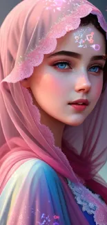 Digital portrait of a woman with a pink veil and blue eyes.