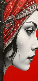 Striking portrait with red headscarf and intricate details.