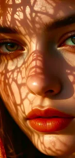 Elegant woman portrait with lace shadows in sunlight.