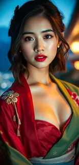 Elegant woman in red and green traditional dress with scenic background.