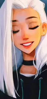 Illustrated character with white hair and smiling expression on mobile wallpaper.