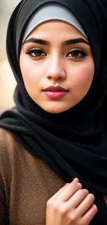 Young woman in elegant black hijab with bokeh background