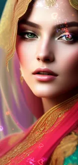 Elegant portrait with gold details and red veil mobile wallpaper.