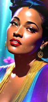 Elegant woman in colorful lighting, digital art portrait.