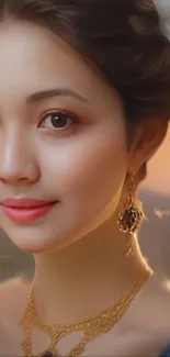 Elegant portrait of a young woman with golden earrings and gentle smile.