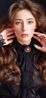 Elegant portrait of a woman with wavy hair in a black lace outfit.