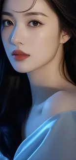Elegant portrait mobile wallpaper with soft blue tones.